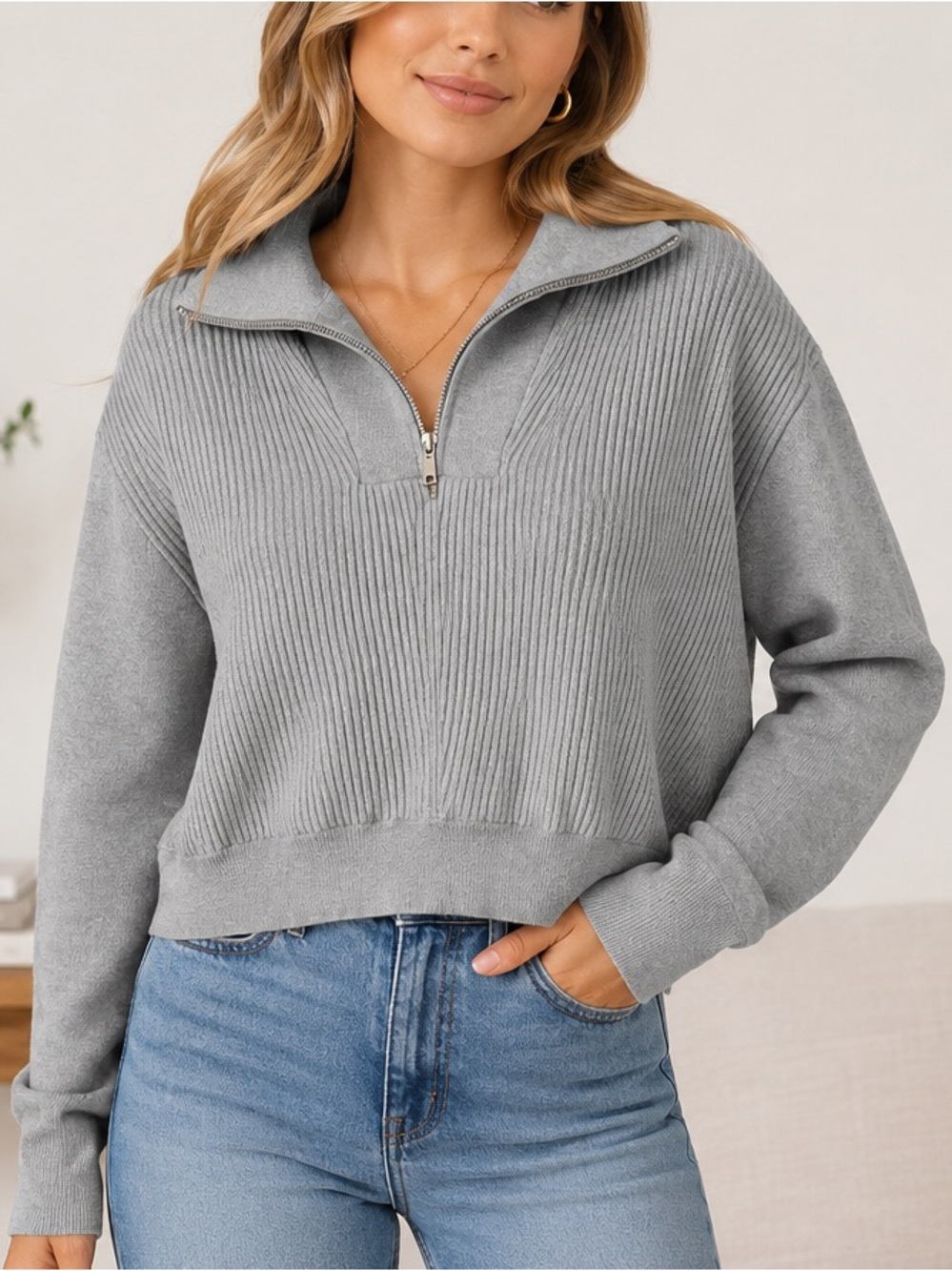 NWT Tahari Gray Ribbed Knit Quarter Zip Pullover Sweater Size Medium